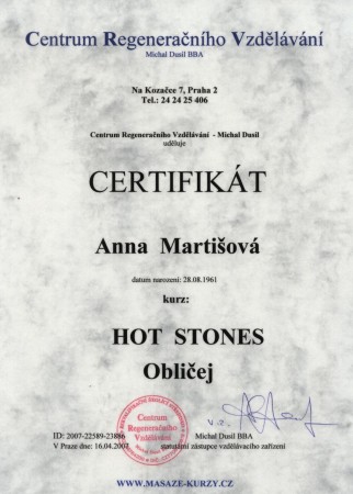 Certifikát  HoT Stones  Obličej